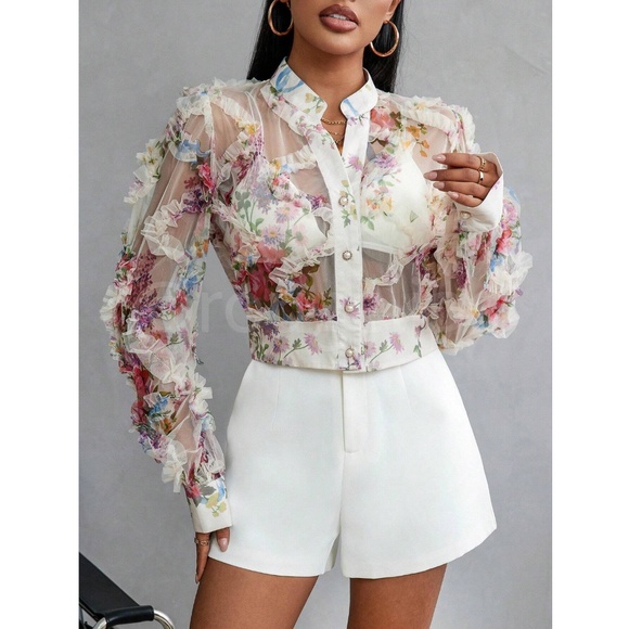 Off White Sheer Floral Ruffle Textured Crop Button Up Blouse Shirt Top - Picture 2 of 11